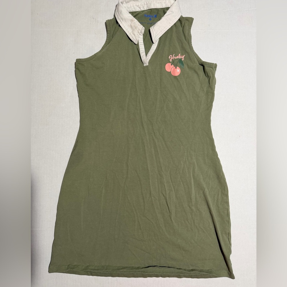 Hurley sk8 olive green‎ short collared dress, cherries,  women's medium